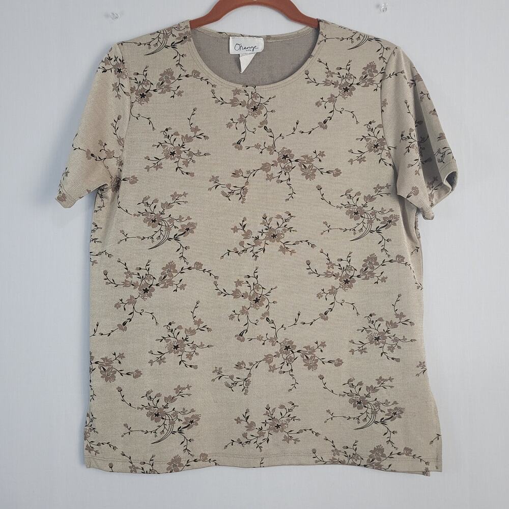 Vintage Floral Short Sleeve Crew Neck Top size S Beige Fairy Grunge 90s Y2K USA